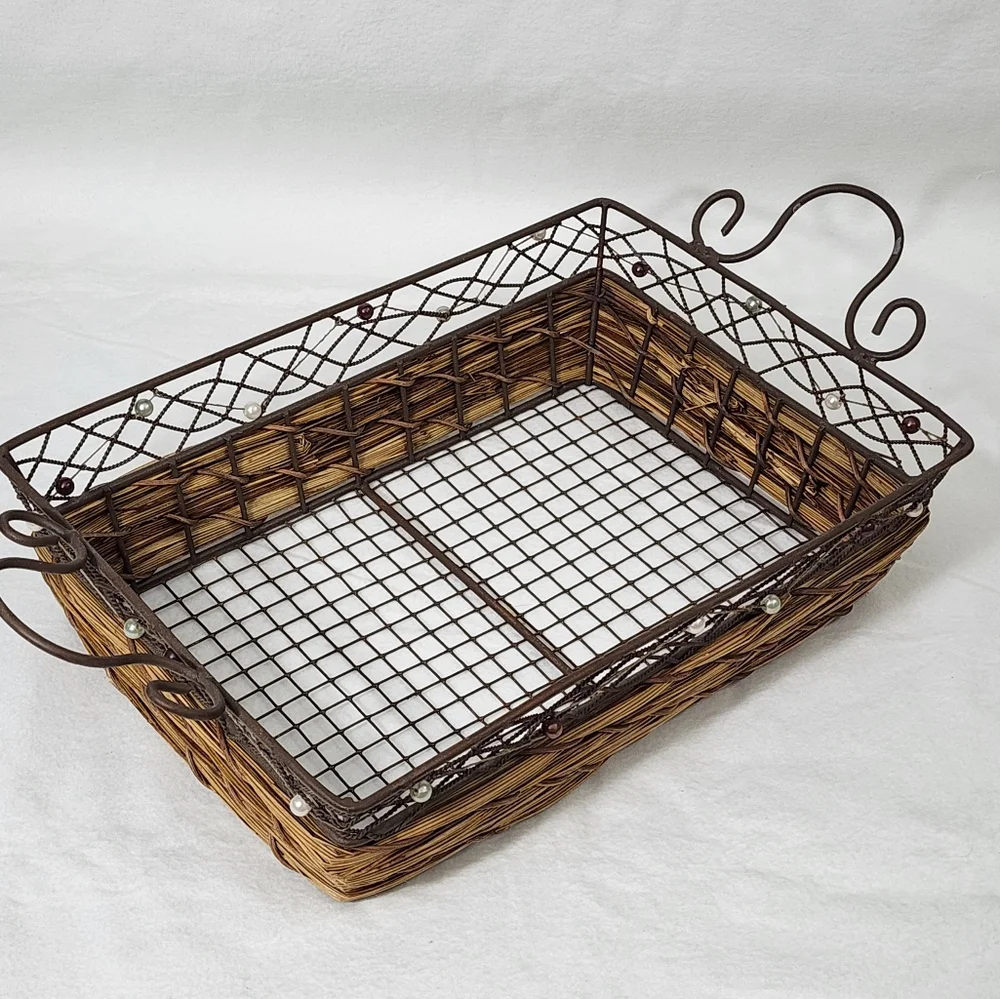 Rustic Rectangular‎ Woven Wicker Basket With Wire Handles and Frame